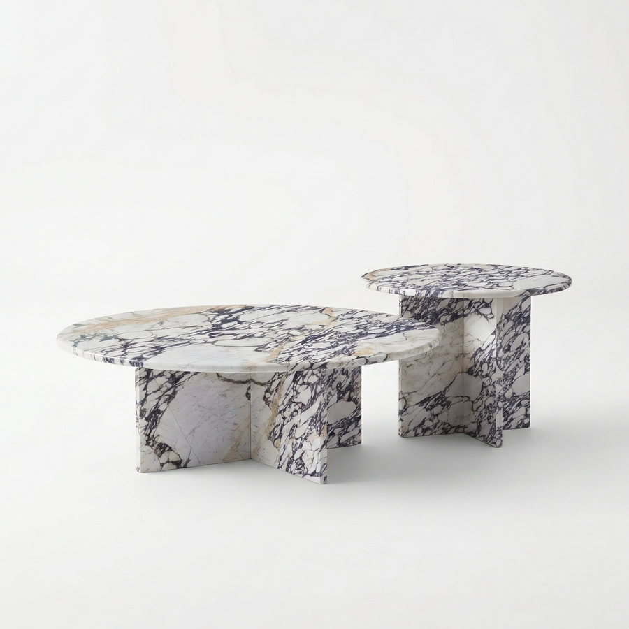 Sakura Round Calacatta Viola White Marble Coffee Table Set of 2