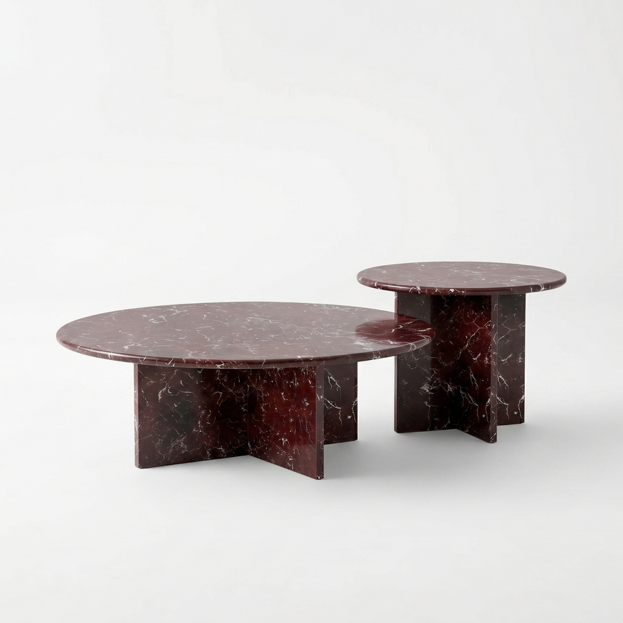 Sakura Round Rosso Levanto Red Marble Coffee Table Set of 2