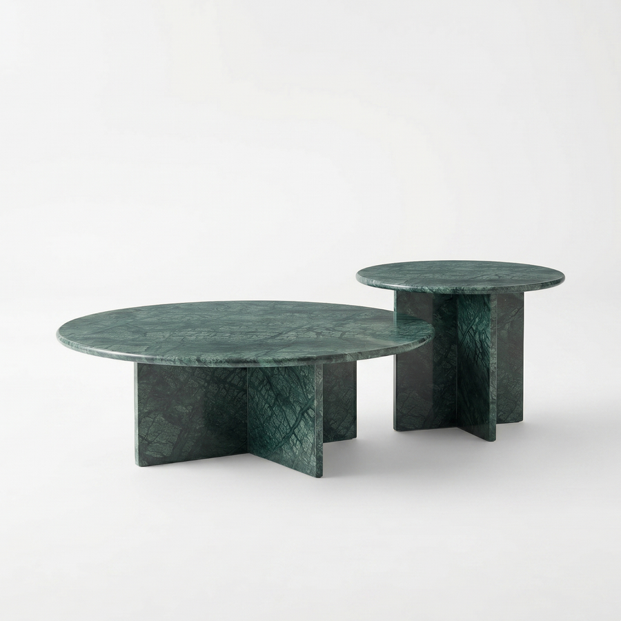Sakura Round Verde Guatemala Green Marble Coffee Table Set of 2