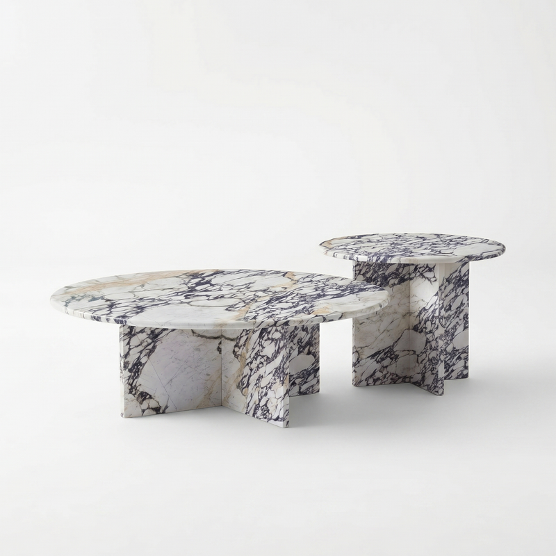 Sakura Round Calacatta Viola White Marble Coffee Table Set of 2